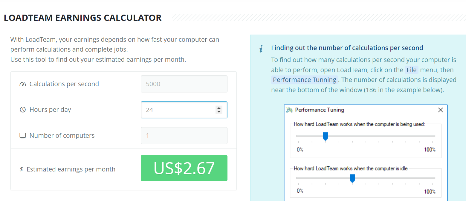 Revisão LoadTeam: Tutorial de Renda Passiva 3 LoadTeam Earnings Calculator